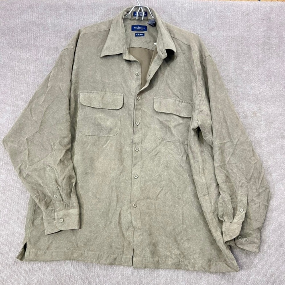 Van Heusen Soft Suede Feel Shirt Mens Large Olive Green‎ Button Up Collared